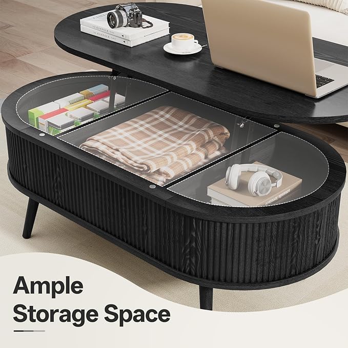 Mid Century Oval Coffee Table, Fluted Center Table with Lift Top, Modern Dining Table with Storage for Living Room Home Office, 39.4", Black