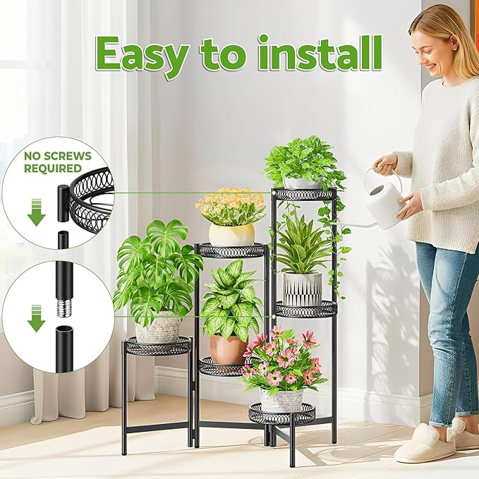 6 Tier Large Plant Stand Indoor with 7.9-Inch Wide Drainage Tray, Tiered Corner Metal Outdoor Flower Display Holder Shelf, Folding Tall Rack for House Patio Porch Balcony Graden - BlackFlower