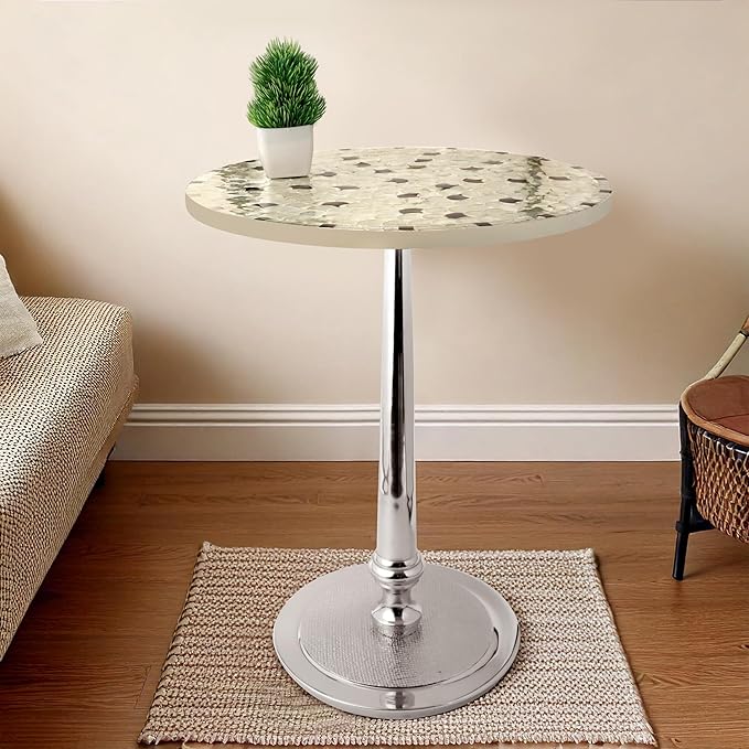 CLEENTABLE Mosaic Round End Table - Top End Tables for Living Room & Bedroom - Modern Side Table with Durable Enamel Top & Metal Legs - Lightweight Accent Table for Sofa, Bed (Ivory Silver)
