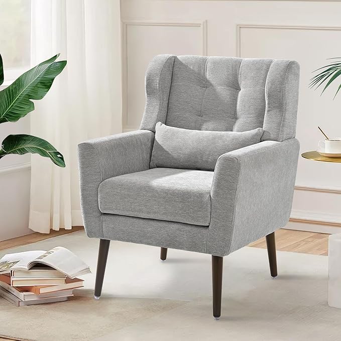 Modern Accent Chair, Upholstered Arm Chair with Waist Pillow, Single Sofa Chair for Living Room Bedroom Small Spaces (Light Gray)