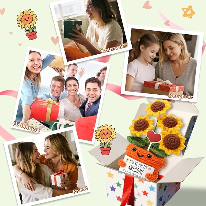 Mini Inspirational Gifts for Women Handmade Crochet Positive Affirmation Sunflower for Teacher, Mentor, Nurse, Coworker, Emotional Cheer Up Support, Birthday, White Elephant Christmas Stocking Stuffer