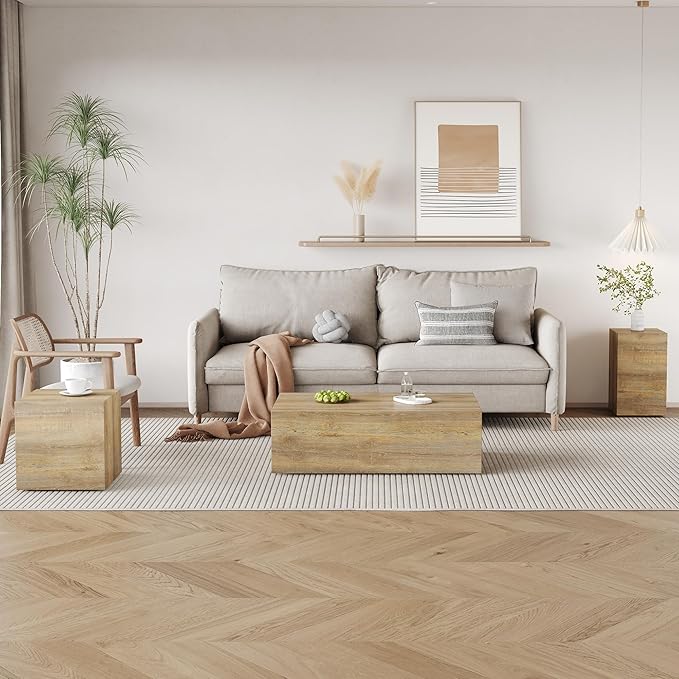 Coffee Table Set for 3, Living Room Table Set, Wood Coffee Table and Side Table, Modern Coffee Table Set, Center Table Set, No Assembly Required - Ready to Use