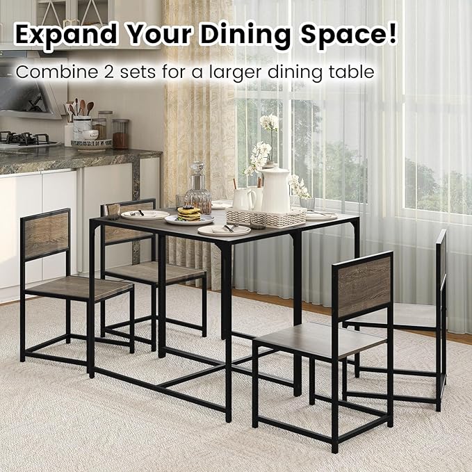 COSTWAY Small Dining Table for 2, Industrial Table and Chairs Set w/Metal Frame, Wood Grain Surface, 3-Piece Dinette Set, Space-Saving Kitchen Table Set for Small Place, Apartment, Home (Gray Oak)