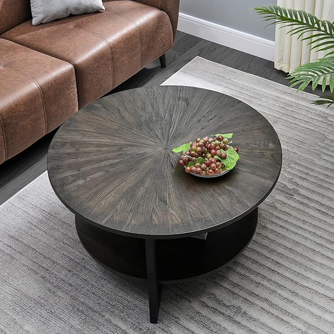 Round Coffee Table with Storage Shelf, 33.5in Circle Accent Center Table with Black Metal Legs, 2-Tier Industrial Cocktail Table for Living Room, Black-1338BK