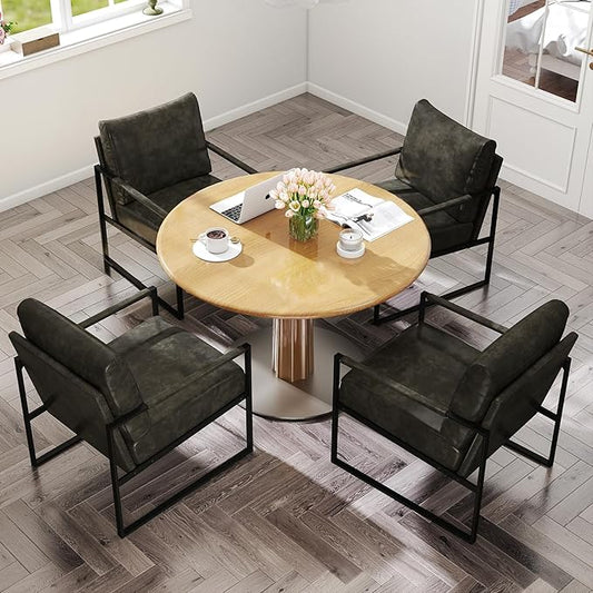 CANMOV Modern Accent Chair Set of 4, PU Leather Armchair with Metal Frame,Comfy Single Reading Chair with Soft Padded Backrest and Cushion for Living Room, Bedroom,Reading Room,Office,Dark Grey
