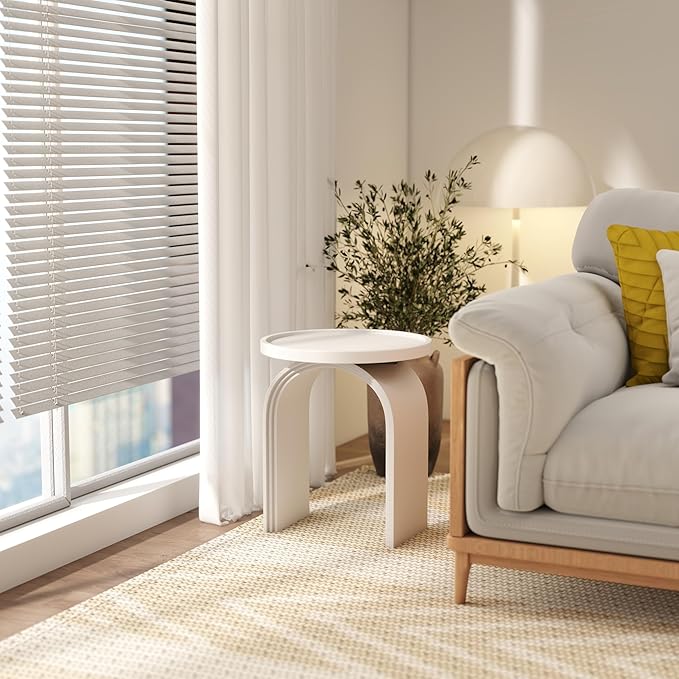 17.7”Wide Modern Side Table, White Wooden End Table, Round Accent Table for Small Spaces, Bedside, Couch Side, Narrow Nightstand for Living Room