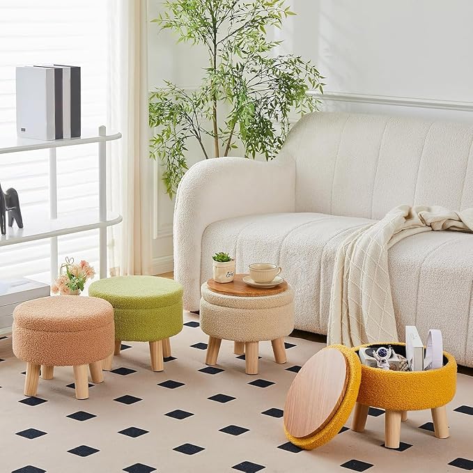 Wimarsbon Storage Ottoman, Modern Round Footrest with Soft Padded Seat, Teddy Velvet Footstool with Wood Legs, Accent Small Table or Plant Stand for Hallway, Living Room (Off-White)
