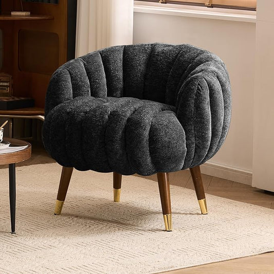 Accent Chair, Modern Barrel Chair with Solid Wood Legs, Cozy Single Sofa Chair, Upholstered Armchair for Makeup Vanity, Living Room, Black