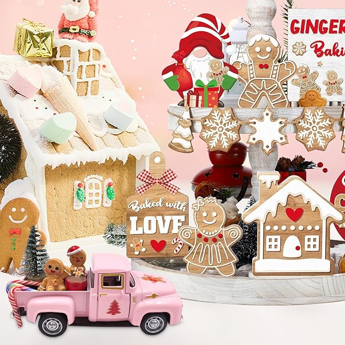 Pink Gingerbread Christmas Decor Vintage Farmhouse Metal Truck with Mini Xmas Tree Gingerbread Man Hot Cocoa Candy Canes Pastel Ginger Bread Christmas Table Decorations for Holiday Mantel Home Kitchen