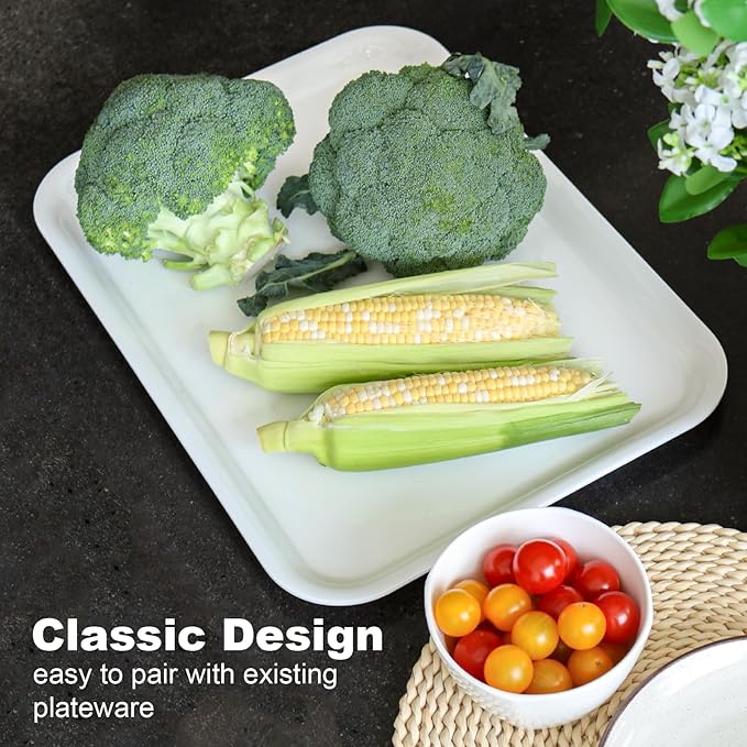 17 x 12 inches Melamine Serving Tray, Dinner Plate Tray, Serving Platter for Appetizers, Breakfast, Drinks, Barbecues and Parties, White, Set of 2