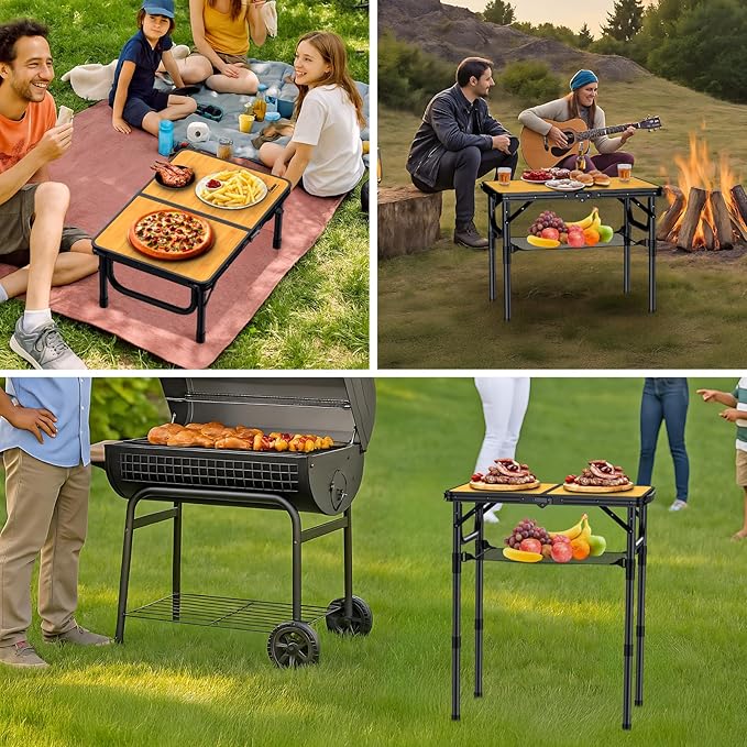 Anbte 2ft Camping Table Foldable with Storage Net, 3 Adjustable Heights Aluminum Small Folding Table, Lightweight, Portable Handle, for Travel Outdoor Beach Camping Picnic, 23.2" x 16", Yellow