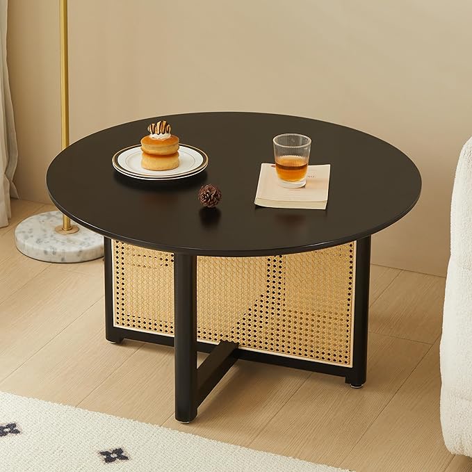 Small Round Coffee Table – 31.5" Solid Wood & Rattan Coffee Table, Modern Rustic Accent Table for Living Room, Boho Style
