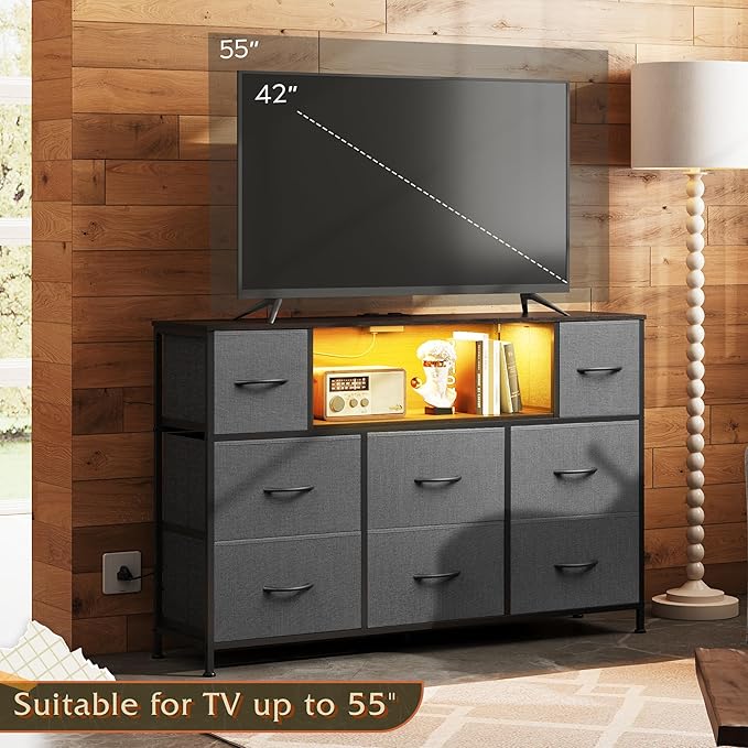 WLIVE Grey Dresser TV Stand for 45, 50, 55 inch TV, Entertainment Center with LED Lights & Charging Station, Chest of Drawers with 8 Fabric Drawers and Open Storage Shelves for Living Room, Hallway