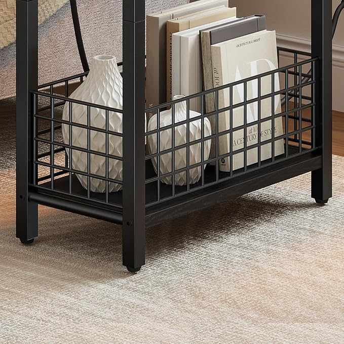 HOOBRO Narrow Side Table with Charging Station and LED Light, Small End Table with Storage, Skinny Nightstand with USB Port, Slim Bedside Table for Small Spaces, Living Room, Black BB242UDBZ01