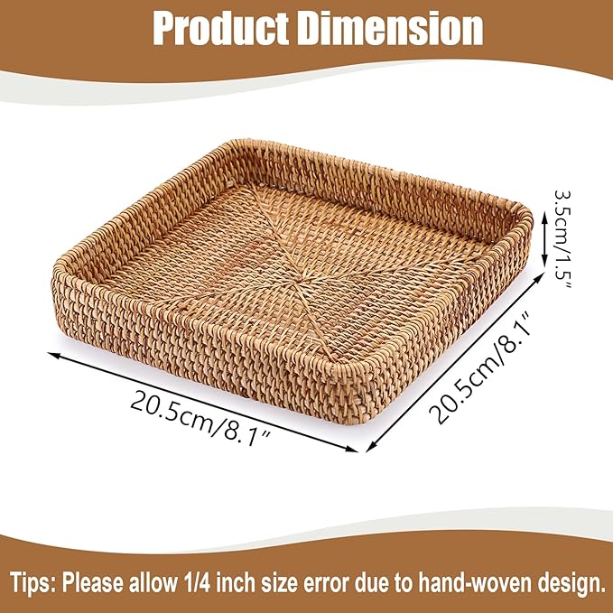 BTSKY Small Remote Basket for Coffee Table Entryway Living Room Rattan Serving Tray 8.1” x 8.1” Handwoven Wicker Baskets Decorative Tray for Wallet Remote Control Trinkets Rings Cosmetics Crackers