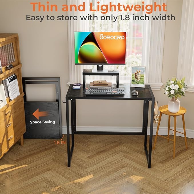 Folding Desk with Monitor Stand, 31.5 Inch Foldable Computer Desk with Hook, Sturdy Small Space Saving Writing Table for Home Office Dorm, Black