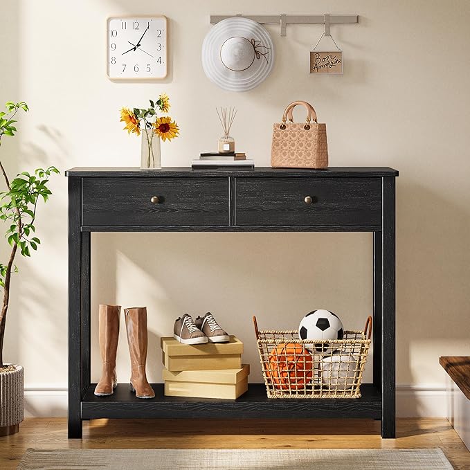 Gizoon Console Table with 2 Drawers, 2-Tier Wood Entryway Table with Storage Shelves, 39" W Wood Accent Sofa Table for Front Hall, Hallway, Living Room, Black