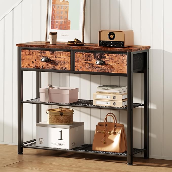 Furologee Console Sofa Table with Storage Shelf for Entry Way, Small 30'' Entryway Table with 2 Fabric Drawers, Industrial Display Shelves for Hallway, Entrance, Foyer, Rustic Brown