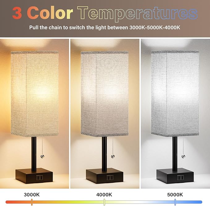 Grey Bedside Lamps for Bedroom Set of 2 - Small Nightstand Lamp with AC Outlet Charging Port, 3 Color Temperatures Rectangular Desk Light with Bulb, Tabletop Reading Lamp for Living Room/Dorm/Office