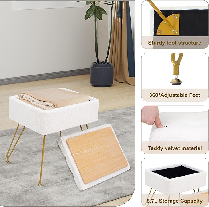 Vanity Chair with Storage, 15.7" L x 11.8" W x 17.7" H Teddy Velvet Vanity Stool with Coffee Table and Metal Legs, Multifunctional Makeup Stool for Vanity, Bedroom, and Living Room, White