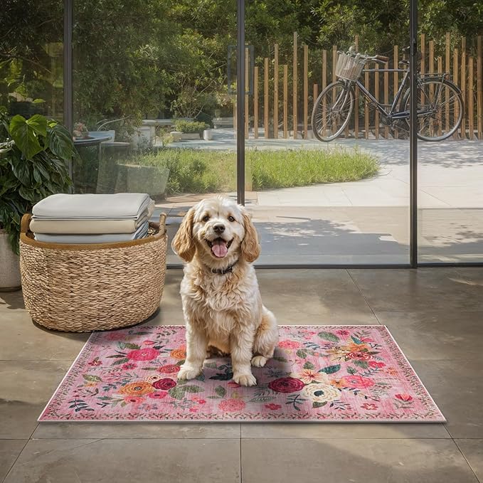 Pink Area Rugs 24x17 Inch Home Decor Entry Rug, Small Door Mat Bath Mats for Bathroom, Ultra-Thin Non Slip Floral Low Pile Tub Mat for Sink Shower Doorway Tub Kitchen Sink(2 x 1.4 ft, Pink Lawn)