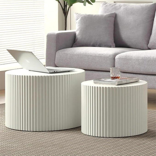 KEVINSPACE Round Coffee Table Set of 2 Nesting CoffeeTable Modern for Living Room, Round End TableSet, Wooden Circle Side Table No Need Assembly Accent Furniture for Bedroom Balcony Lounge White