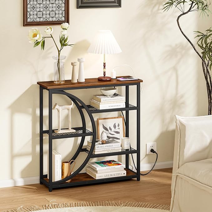 Snughome Entryway Table, Console Table with Charging Station, Industrial Narrow Sofa Table with 5 Tier Storage Shelves, Entrance Table for Hallway, Behind The Couch, Living Room, Foyer