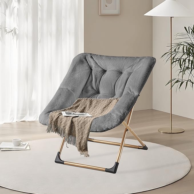 Comfy Oversized Saucer Chair, Soft Faux Fur Reading Lounge Chair for Adults, Stable X-Large Metal Frame and Non-Slip Pad, Foldable Cozy Chairs for Bedroom, Living Room, Dorm, Dark Gray