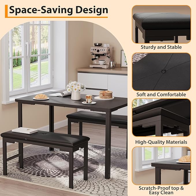 Garvee Dining Table Set for 4, 3-Piece Kitchen Table with 2 Upholstered Benches, Space-Saving Dining Room Set for Breakfast Nook and Small Spaces, Black