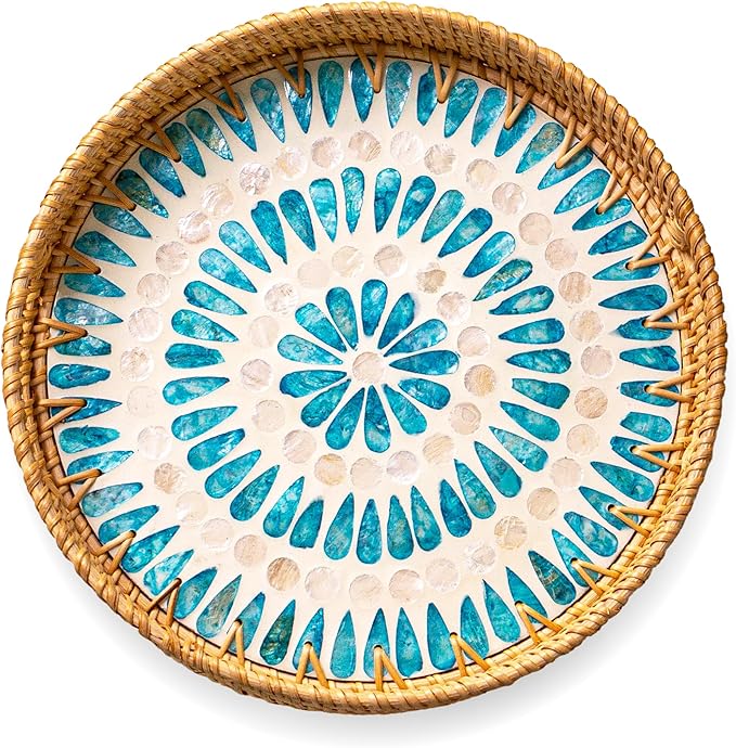 JUNGLE CULTURE Rattan Serving Tray 12" with Mother of Pearl Inlay • Coastal Boho Collection • Handcrafted Woven with Handles for Home • Round Dining Table Tray • Wicker Serving Basket – Ripple