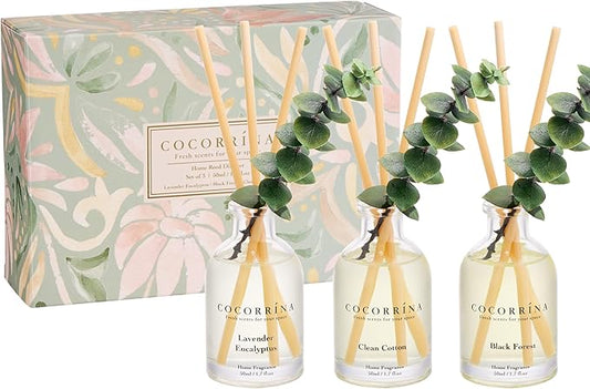 COCORRÍNA Eucalyptus Reed Diffuser Set of 3 - Lavender Eucalyptus, Black Forest, Clean Cotton Scents, 1.7 fl oz Each, Total 5.1 oz, Scented Oil Diffusers for Home & Office﻿