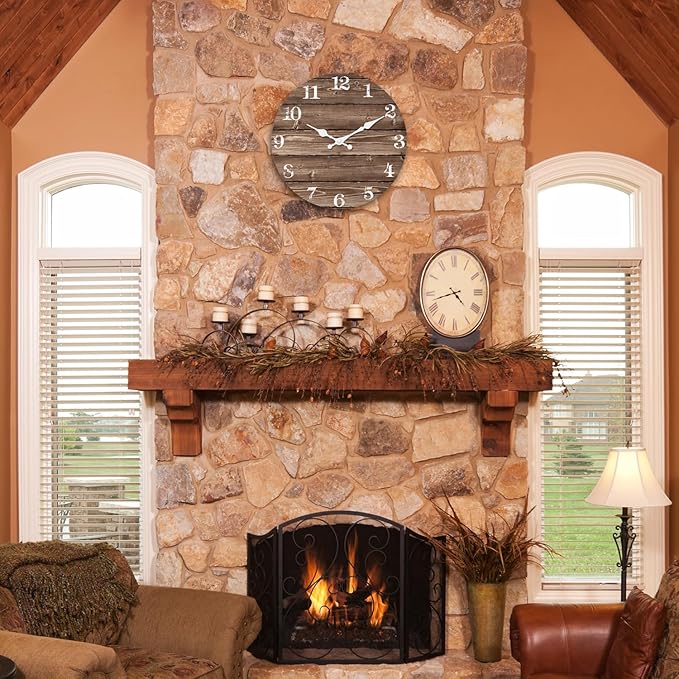 XFM Brown Wooden Wall Clock 24 Inch Silent Wall Clocks Battery Operated Decorative Farmhouse Large Rustic Wall Clock for Kitchen Living Room Office