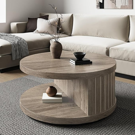 31-Inch Round Wood Coffee Table with Shelf for Living Room, 2-Tier Fluted Center Tea Tables with Wooden Circle Tabletop and Open Shelves for Home Apartment Small Spaces, Wash Gray