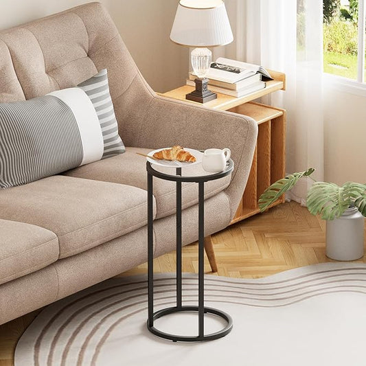 Round Side Table,Glass C Table,Couch End Table, Tempered Glass Snack Table with Metal Frame, Sofa Couch Bedside Table,TV Tray Table for Small Space(Black)