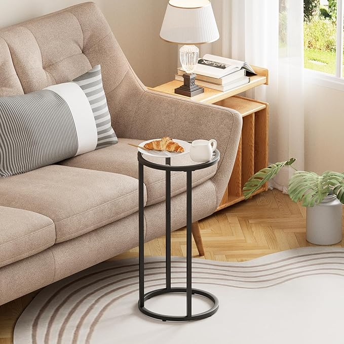 Round Side Table,Glass C Shaped Table,Couch End Table, Tempered Glass Snack Table with Metal Frame, Sofa Couch Bedside Table,TV Tray Table for Small Space(Black,2pcs)