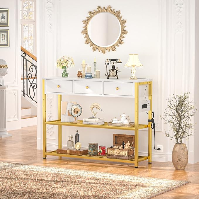 Ecoprsio 47'' Entryway Table with Outlets and USB Ports, Console Table with 3 Drawers, Sofa Table Narrow Long with Storage Shelves for Living Room, Couch, Hallway, Foyer, White and Golden