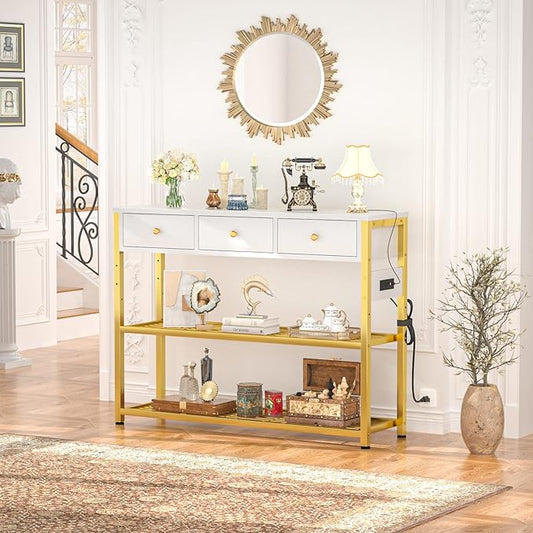 Ecoprsio 47'' Entryway Table with Outlets and USB Ports, Console Table with 3 Drawers, Sofa Table Narrow Long with Storage Shelves for Living Room, Couch, Hallway, Foyer, White and Golden