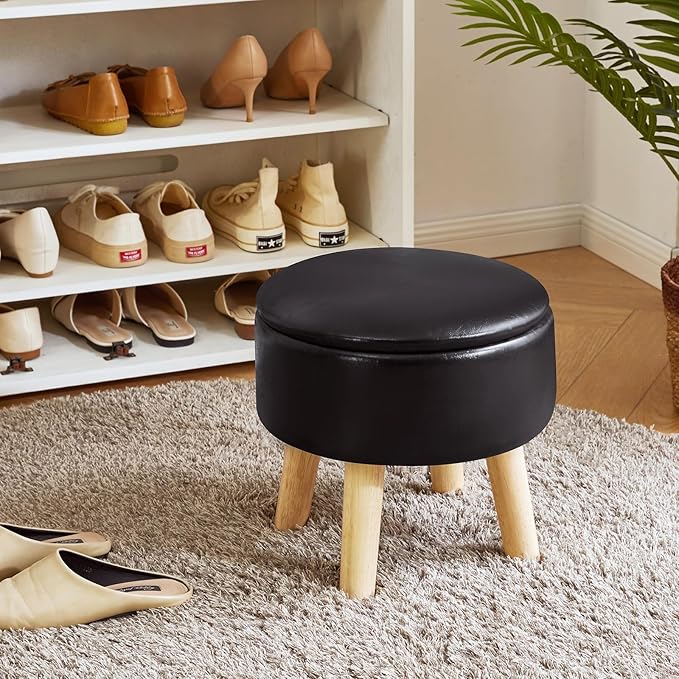 IBUYKE 13 Inch Foot Stool Ottoman with Storage, Round Small Foot Rest with Padded Seat and Wood Legs, PU Faux Leather Mini Footstool for Living Room Couch Bedroom Entryway, Black WBD023B
