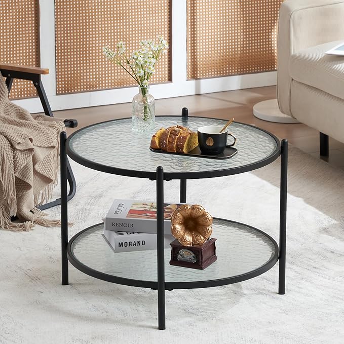VINGLI 25.6" Small Matte Black Round Coffee Table Water-Wave Glass Circle Clear Coffee Table, Center Table with 2-Tier Modern Storage Design for Living Room, Bedroom, Meeting Room, Balcony, Patio