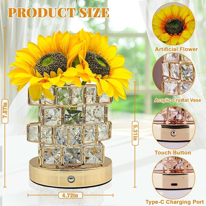 Sunflower Crystal Table Lamp, Touch Dimming Night Light, USB Rechargeable Bedside Lamp LED Artificial Flowers Lamp, Desk Lamp Aesthetic for Bedroom Home Decor