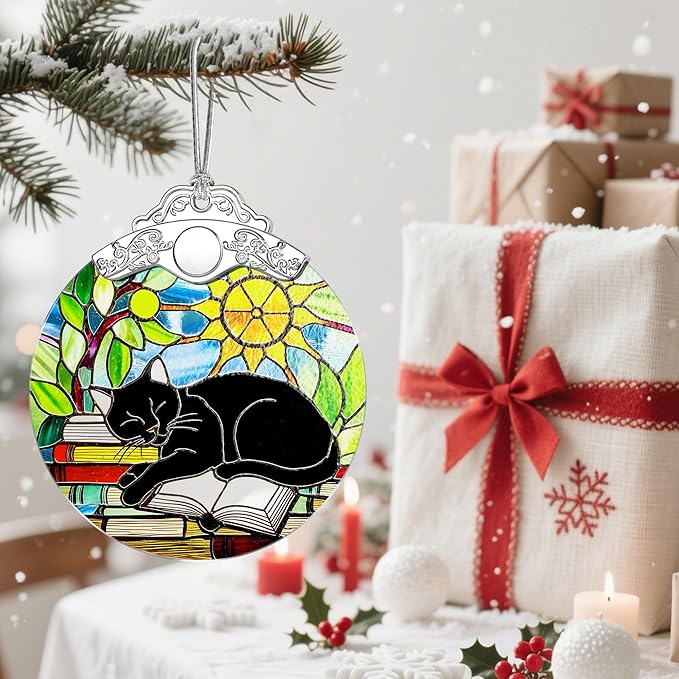 Stained Glass Black Cat Christmas Ornament: Christmas Tree Ornaments & Decor, Holiday Decor – Holiday Presents, Gift Exchange Ideas & Elegant Keepsake for Family, Coworkers & Friends