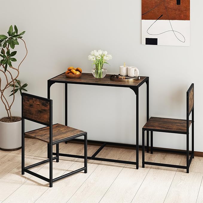 COSTWAY Small Dining Table for 2, Industrial Table and Chairs Set w/Metal Frame, Wood Grain Surface, 3-Piece Dinette Set, Space-Saving Kitchen Table Set for Small Place, Apartment, Home (Rustic Brown)