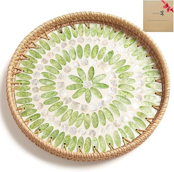 Rattan Tray with Mother of Pearl Inlay, Round Rattan Serving Tray with Wooden Base, Decorative Wicker Basket for Table Decor, Mosaic Tray for Storage and Display of Jewelry Coffee Food (Emerald green)