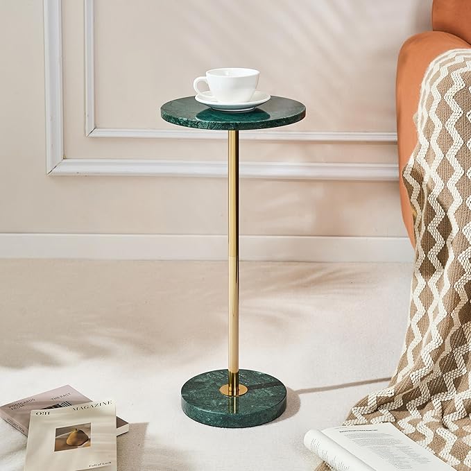 Premium Small Round Natural Marble Stone Pedestal Side Table, End Table, Mini Drink Table with Upgraded Weighted Marble Base, for Livingroom, Bedroom, Bathroom, Balcony, Small Spaces (Emerald Green)