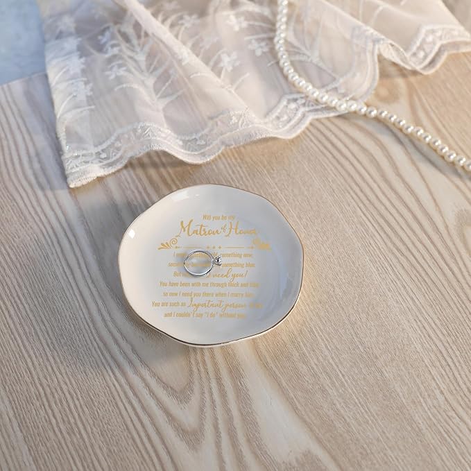 HOME SMILE Matron Of Honor Ring Dish - Will You Be My Matron Of Honor - Jewelry Trinket Dish Tray, Bridesmaid & Bridal Shower Gifts - Proposal Gift For Bestie, White Ceramic