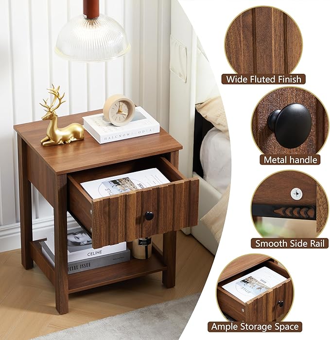 Wood Nightstand, 21.65" H Bedside Table with Wide Fluted Finish, Modern Night Stands with Drawer, Mid Century End Table for Bedroom (Walnut)