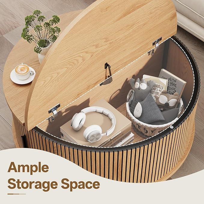 Mid Century Round Coffee Table, Fluted Center Table with Sliding Door, Modern Dining Table with Storage for Home Living Room Office, 31.5", Oak