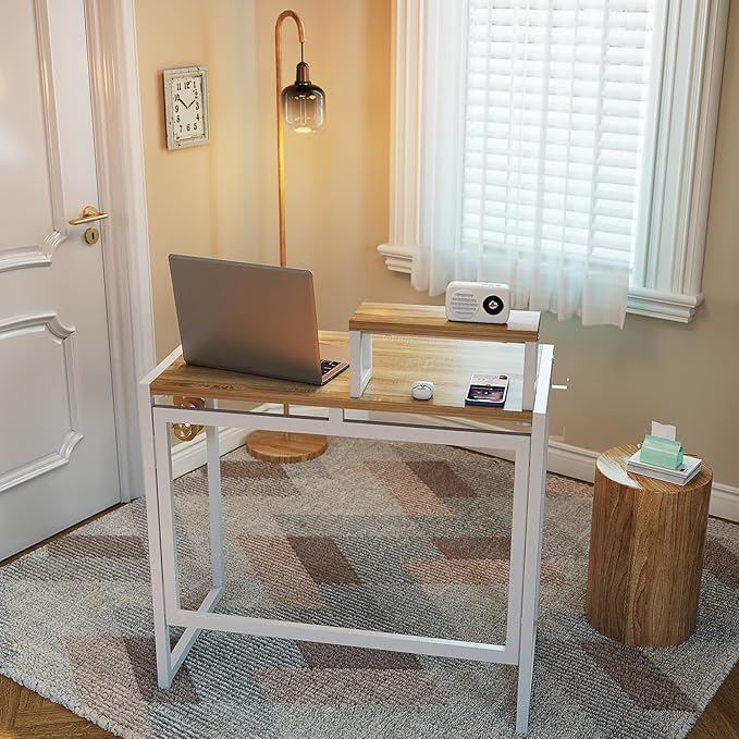 Folding Desk with Monitor Stand, 31.5 Inch Foldable Computer Desk with Hook, Sturdy Small Space Saving Writing Table for Home Office Dorm, Oak