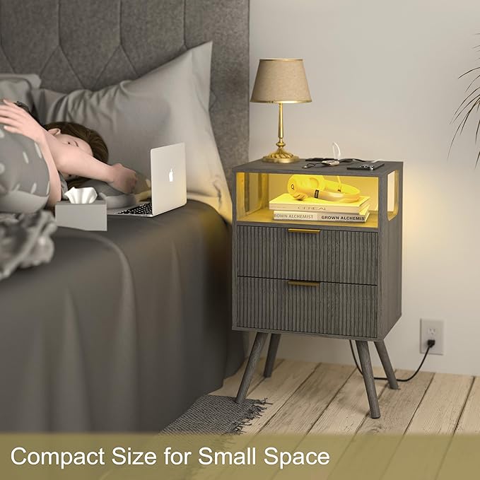 Nightstand with Charging Station and LED Lights,Modern Bedside Table with 2 Storage Drawer and Open Wood Shelf, for Bedroom and Small Spaces,Night Stand with Solid Wood Legs,GreyOak