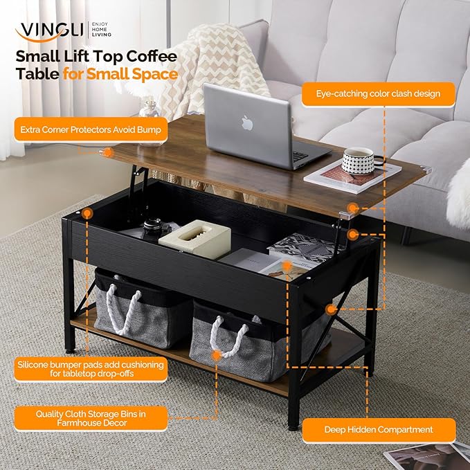 VINGLI 36" Lift Top Coffee Table with Free Cloth Storage Bins, Rustic Framhouse Black Coffee Tables for Living Room, Small Modern Coffee Table for Small Space in Minimalistic Style, Black